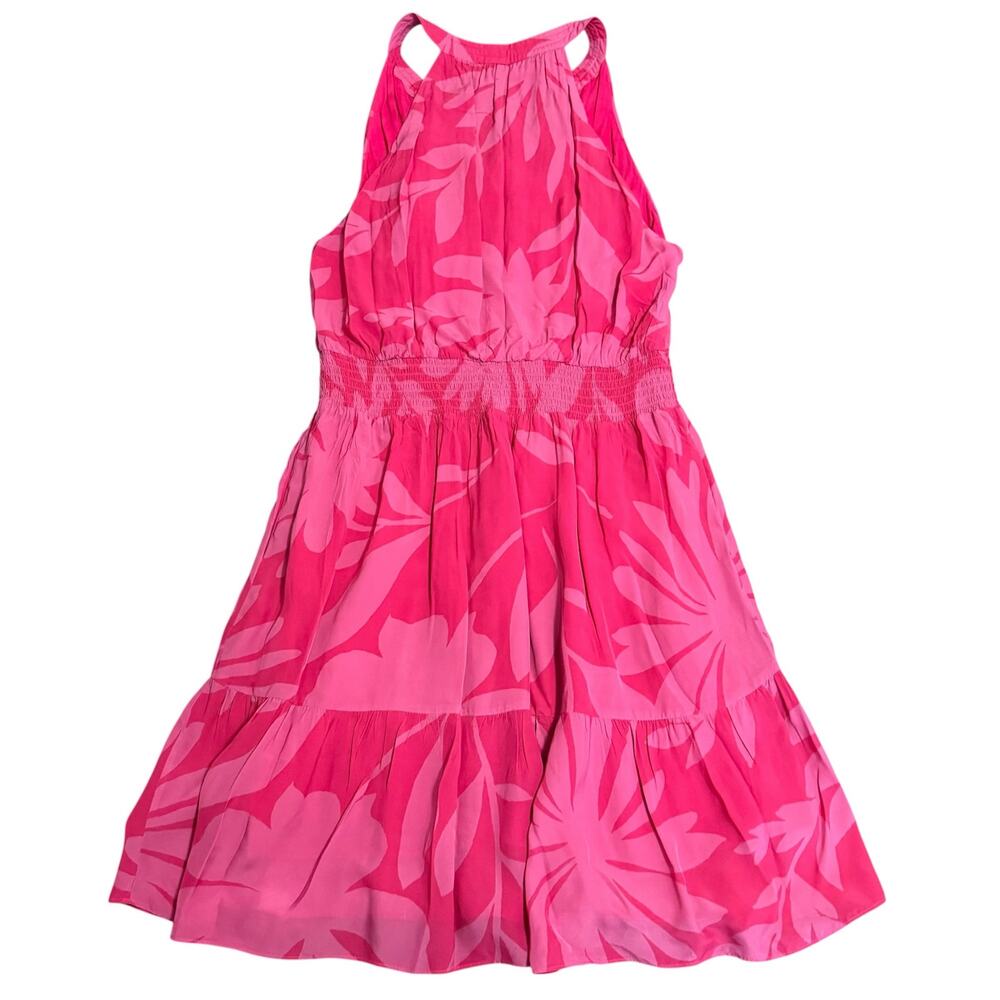 Caballero Sleeveless Dress Smocked Waist High Low Hem Tropical Print Pink Medium - Picture 7 of 9